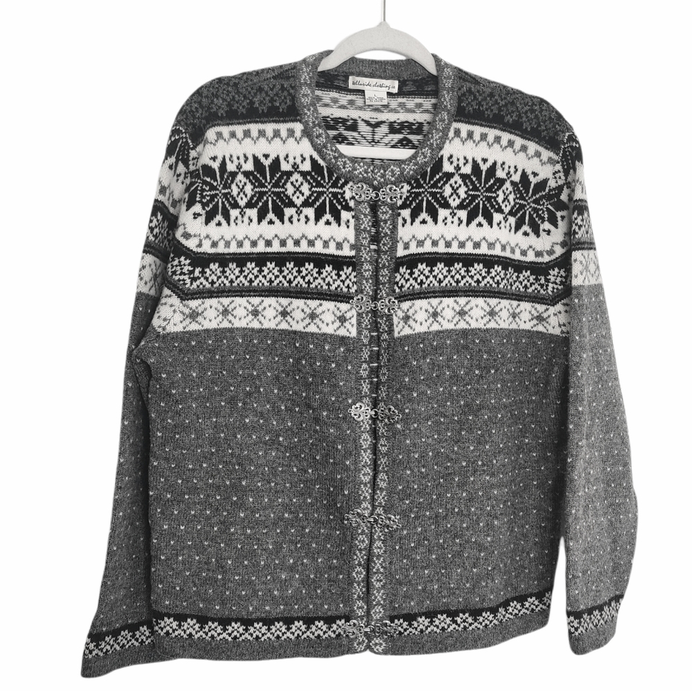 Telluride Clothing Co 100% Wool Grey Snowflake Fair Isle Sweater EUC sz L